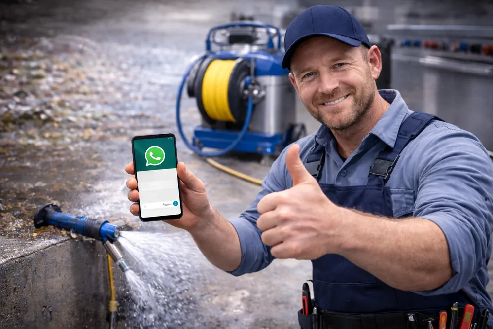Profissional da MK Desentupidora sorrindo e mostrando atendimento via WhatsApp