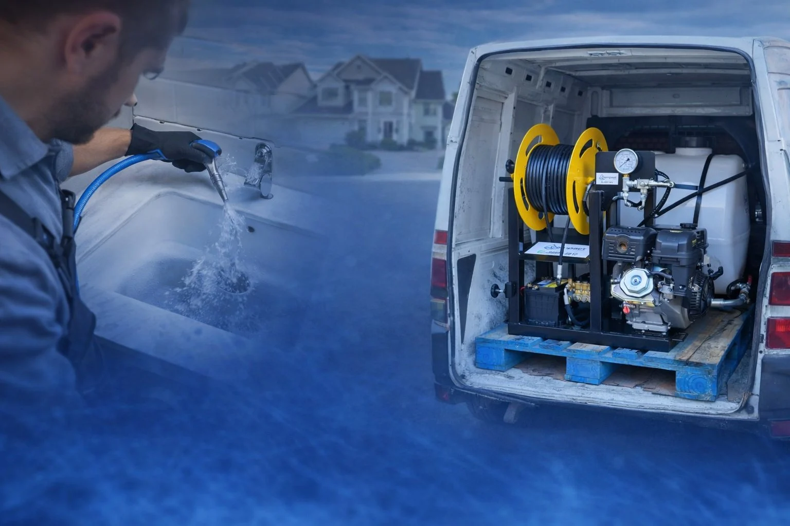 Técnico da MK Desentupidora utilizando hidrojato de alta pressão ao lado da van equipada